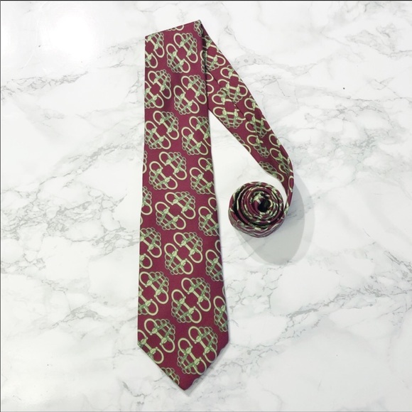 Gucci Red Pale Green Large Horsebit Silk Tie EUC - Picture 2 of 6